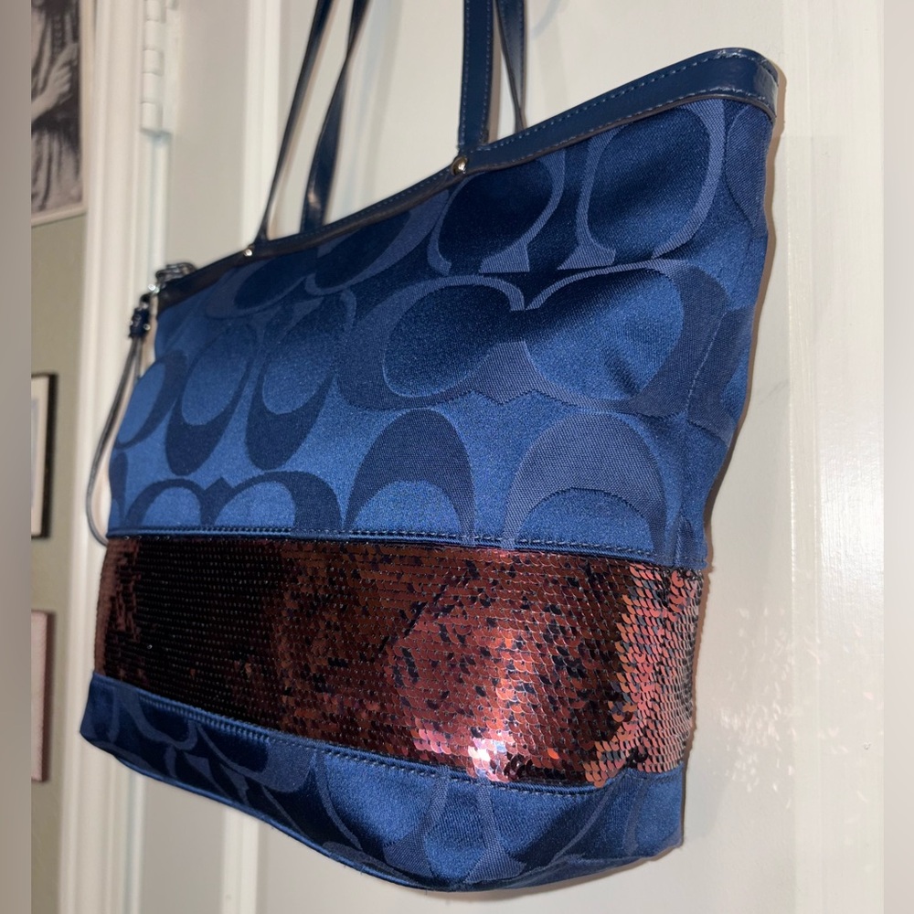 Coach Signature Stripe Sequin Tote Navy Blue Burgundy Patent Trim (F17574) - Picture 2 of 13